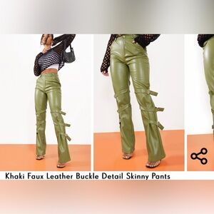 Khaki Faux Leather Buckle Detail Skinny Pants